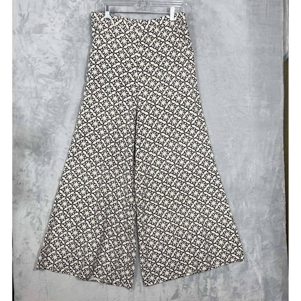 Midnight Sky Wide Leg Pants L Black‎ White Print Boho Coastal Flax Blend Palazzo